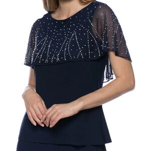 Marina Evening Top 22W Plus Navy Sheer Overlay Beaded Jersey Special Occasion